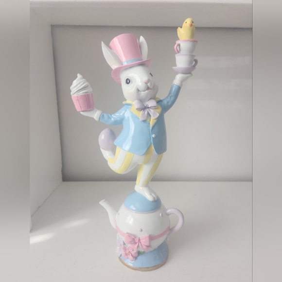 Easter Bunny Mad Hatter Balancing On A Teapot Spring Decor 14 In - Picture 3 of 10